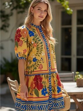 FARM Rio floral yard Yellow Floral Mini Dress with Blue & Red Accents